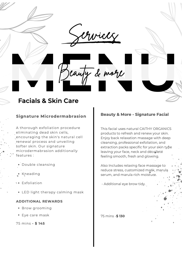 Facial and Skin Care Menu