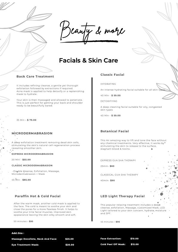 Facials and Skin Care 2 Menu